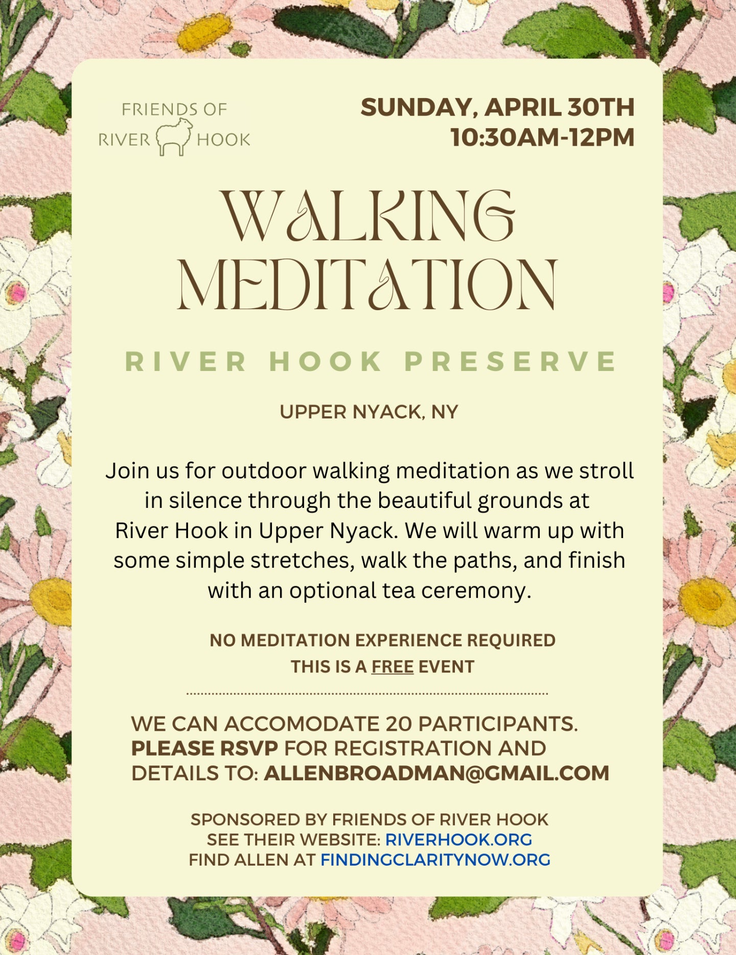 Moved to May 7 due to rain!  Sign up for a Walking Meditation on April 30, 2023