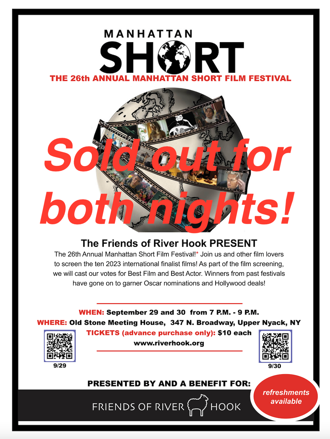 SOLD OUT!  The Friends of River Hook PRESENT The 26th Annual Manhattan Short Film Festival!